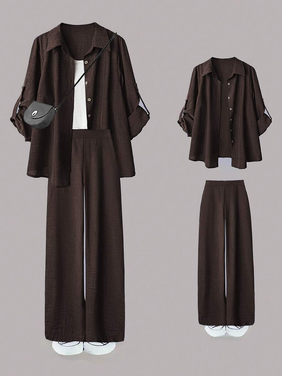 SHEIN LUNE 大尺碼女款休閒兩件套,純色捲袖單排扣休閒通勤襯衫搭配高腰寬鬆寬腿長褲 - 咖啡棕 - 查看 1