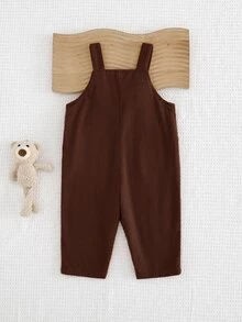 SHEIN 中性新生兒嬰兒男/女童、幼兒 100% 純棉秋冬保暖內裡加厚可愛熊圖案燈芯絨吊帶褲，嬰兒冬季連身褲，聖誕節 - 棕色 - 查看 2