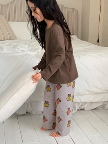 Dazy Kids 女童秋季圓領針織長袖T恤＋長褲居家休閒套裝 - 摩卡棕 - 查看 7