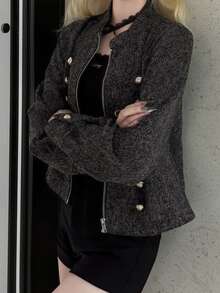 FRIFUL Women's Long Sleeve Zip-Up Button Design Casual Napoleon Jacket - Black - View 2