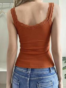 Strévra Women's New Autumn Solid Color Contrast Lace Camisole Tank Top - Burnt Orange - View 3
