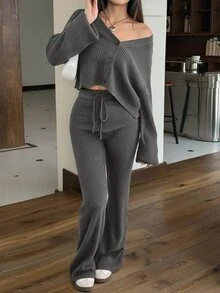 SHEIN EZwear 2件組女款休閒純色寬肩帶開襟衫與抽繩腰寬腿褲套裝，秋季/旅行黑色 - 深灰色 - 查看 6