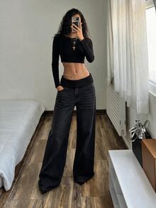 StreetHx 女款寬腿鬆垮休閒百搭牛仔褲，附口袋 - 黑色 - 查看 4