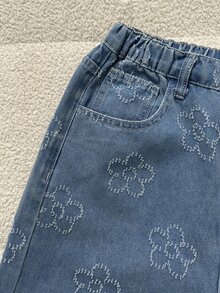 青少年女孩夏季新款花卉刺繡時尚收腰設計寬鬆寬腿牛仔褲休閒百搭簡約直筒水洗中藍色舒適牛仔褲柔軟棉質面料修身不束縛適合日常上學度假感恩節聖誕節或開學季 - 淺色水洗藍 - 查看 5