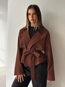 Aloruh Women's Elegant Street Style Button Lapel Trench Coat - Rust Brown - View 7