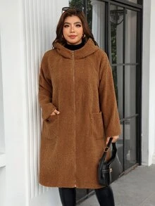 Reflora Plus Size Streetwear Long Sleeve Zip-Up Hooded Jacket With Pockets - Khaki - View 8