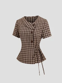 Sweetra French-Style Short-Sleeved Plaid Women's Shirt With A Fitted Waist And Tie, A Simple And Retro Style. - Multicolor - View 1