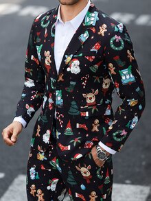 Manfinity Mode Topi Rusa Natal Hitam Pria, Setelan Jas Suasana Liburan Empat Musim Gugur/Dingin - Hitam - View 4