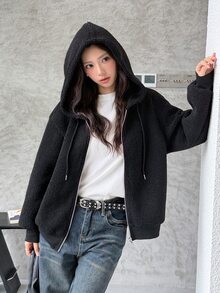 K-Vae 女款秋冬黑色紋理連帽夾克，寬鬆修身拉鍊運動衫 - 黑色 - 查看 4