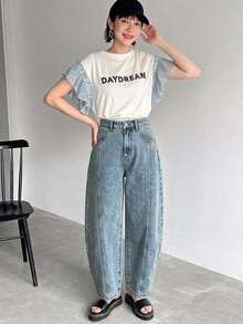 DAZY 純色寬鬆弧形褲管休閒街頭風夏季牛仔短褲 女款牛仔吊帶褲與連身褲 - 藍色 - 查看 6