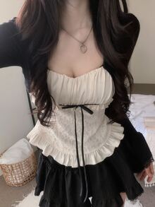 DAZY Patchwork Contrast Color 2 In 1 Lace Trim Tie Bow Elegant Vacation Korean Style Girl Spring Autumn Top Women T-Shirt - Apricot - View 9