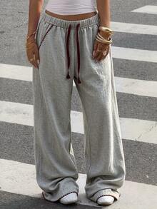 SuriyaCove Elastic Waist Drawstring Tie Pockets Solid Color Long Pants - Multicolor - View 3