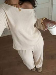 Siren Gaze Women's Casual One-Shoulder Short Sleeve T-Shirt And Straight Leg Pants Two Pieces Set, Pants Set, Autumn Clothing, Suitable For Daily Commute, Gathering, Summer, Christmas, New Year, Thanksgiving, Party, Wedding, Beach, Outing, Date, Valentine's Day, Elegant, Vacation, Y2K - Apricot - View 6