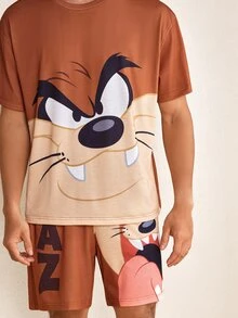 LOONEY TUNES X SHEIN Men's Cartoon Print Short Sleeve Top And Shorts Loungewear Set - Brown - View 3