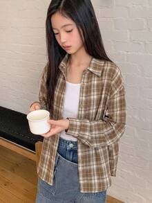 Dazy Kids 格紋長袖休閒寬鬆日常春秋冬青少年女孩襯衫 - 卡其色 - 查看 3