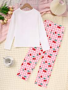 Girls' Long Sleeve Round Neck T-Shirt Top Loose Pants Pajama Set, Cute Rabbit Print Tie-Dye Milk Silk Nighties, Autumn Light Blue Striped Style - Multicolor - View 2