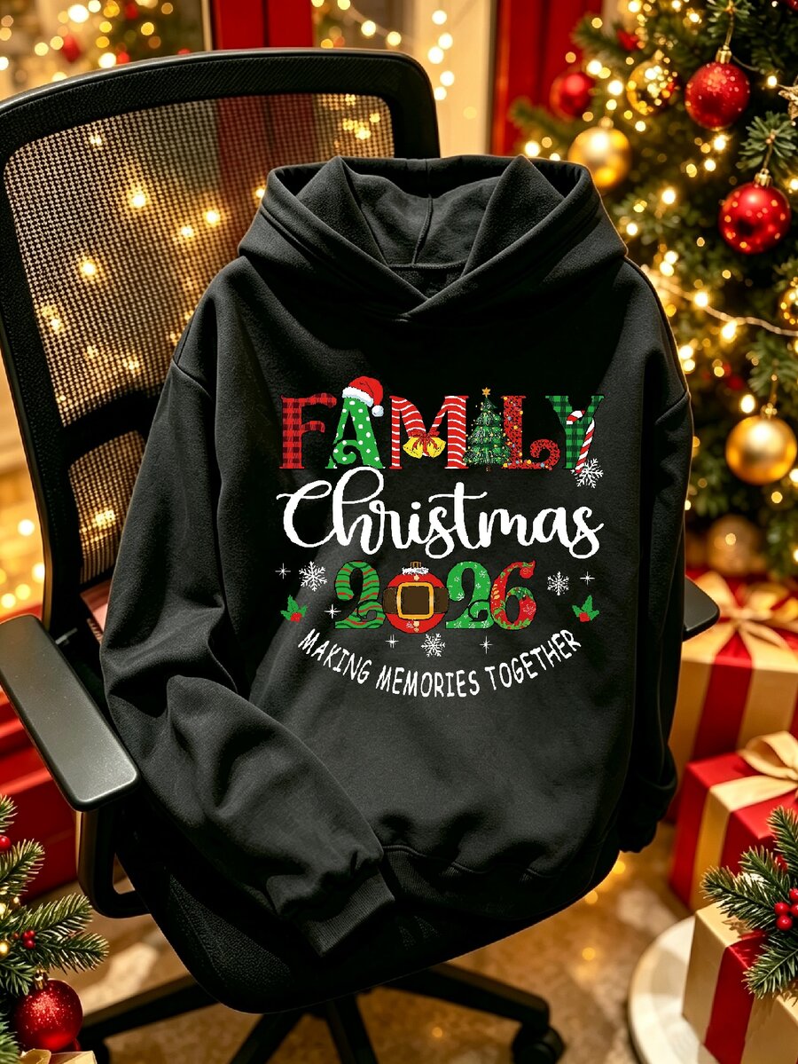 Resyla Christmas Tree Letter 2026 Print Pattern Coffee Brown Hoodie ...