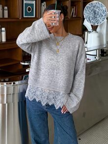 Muchica 女款純色圓領落肩長袖蕾絲下擺寬鬆毛衣 - 淺灰色 - 查看 7
