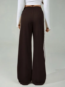 SHEIN Tall 女款彈性腰側條紋寬腿寬鬆休閒運動長褲，返校季 - 咖啡棕 - 查看 2