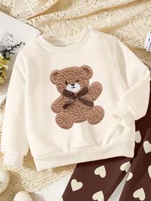 Baby Girls Bear Cartoon Sweatshirt & Lace Trim Leggings Set, Heart Print, Cream & Brown (2 Pcs) Fall Winter - Multicolor - View 6