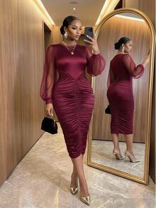SHEIN Lady CURVE Plus Size Women's Solid Color Round Neck Contrast Mesh Lantern Sleeve Ruched Fitted Elegant Dress - Burgundy - View 3