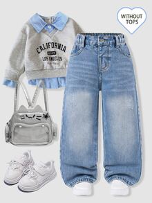 SHEIN 少女 Y2K 街頭日常彈力腰直筒牛仔褲 平口袋 日常 OOTD - 中等水洗藍 - 查看 1