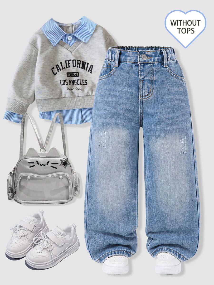 SHEIN 少女 Y2K 街頭日常彈力腰直筒牛仔褲 平口袋 日常 OOTD - 中等水洗藍 - 查看 1