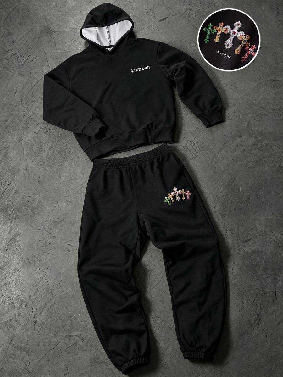 SHEIN 2件組兒童青少年男童街頭十字圖案黑色連帽衛衣與運動長褲套裝，適合秋冬、學校、家庭聚會、返校、運動、玩耍、生日派對、攝影、度假、假日