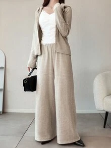 FRIFUL Women's Strapless Contrast Trim Ruffle Patchwork Loose Hem Wide Leg Pants Sweet 2 Pieces Set - Apricot - View 5