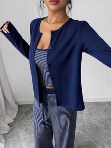Selianne 女款針織純色開襟鈕扣外套、條紋修身抽繩裝飾背心、優雅休閒通勤日常出遊長褲三件套 - 藏蓝色 - 查看 4