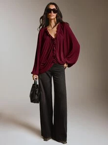 COSMINA Women's V-Neck Ruffle Trim Pleated Design Loose Fit Top, Comfortable Fabric Fashionable Design Top - Burgundy - View 5