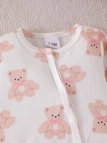 SHEIN 新生兒女嬰 3件組 秋冬長袖連身包屁衣 羅紋針織 可愛熊圖案 前開扣式連身衣 - 彩色 - 查看 7