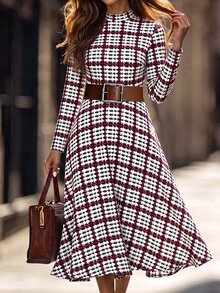 Editum Women's Plaid Casual Party Mid-Length Dress - Burgundy - View 5