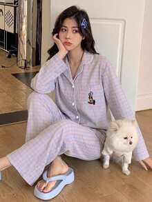 DAZY 2件組格紋刺繡圖案開襟針織衫長袖上衣直筒長款睡褲女款睡衣套裝 - 粉色 - 查看 7