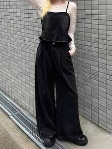 FRIFUL Women's Ruffle Hem Camisole Top And Long Pants Casual Denim Set - Black - View 4