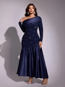 Viva Relle Plus-Size Sexy Asymmetrical Shoulder Pearl And Diamond Dress Fall - Navy Blue - View 5