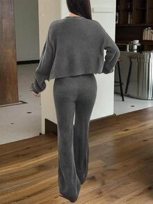 SHEIN EZwear 2件組女款休閒純色寬肩帶開襟衫與抽繩腰寬腿褲套裝，秋季/旅行黑色 - 深灰色 - 查看 2