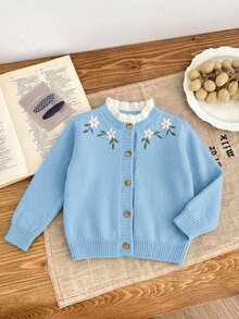 SHEIN 女童針織刺繡拼色立領休閒秋季開襟羊毛衫 - 藍色 - 查看 3