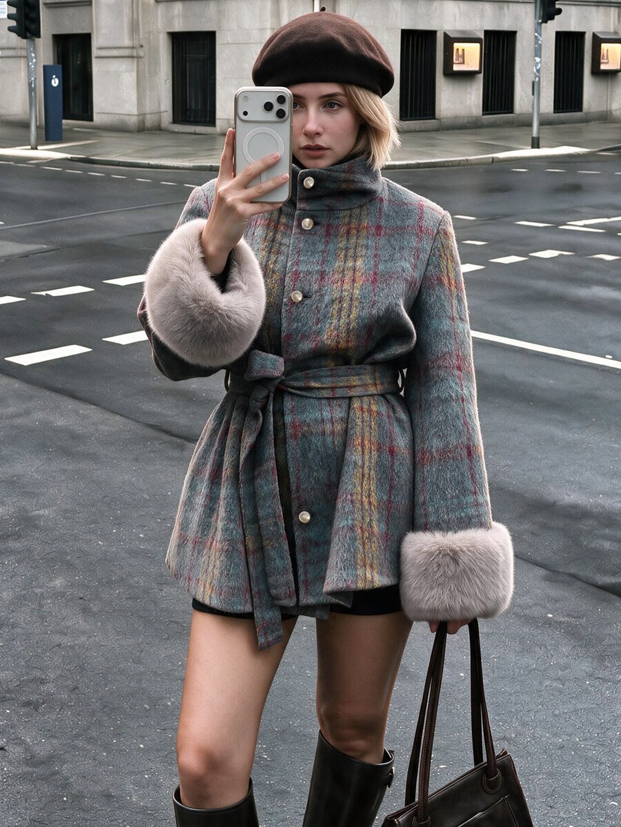 Struktiv Women Plaid Wool Blend Coat Faux Fur Cuff Belted Stand Collar Button Outerwear Fall Winter Retro Green - Mint Blue - View 1
