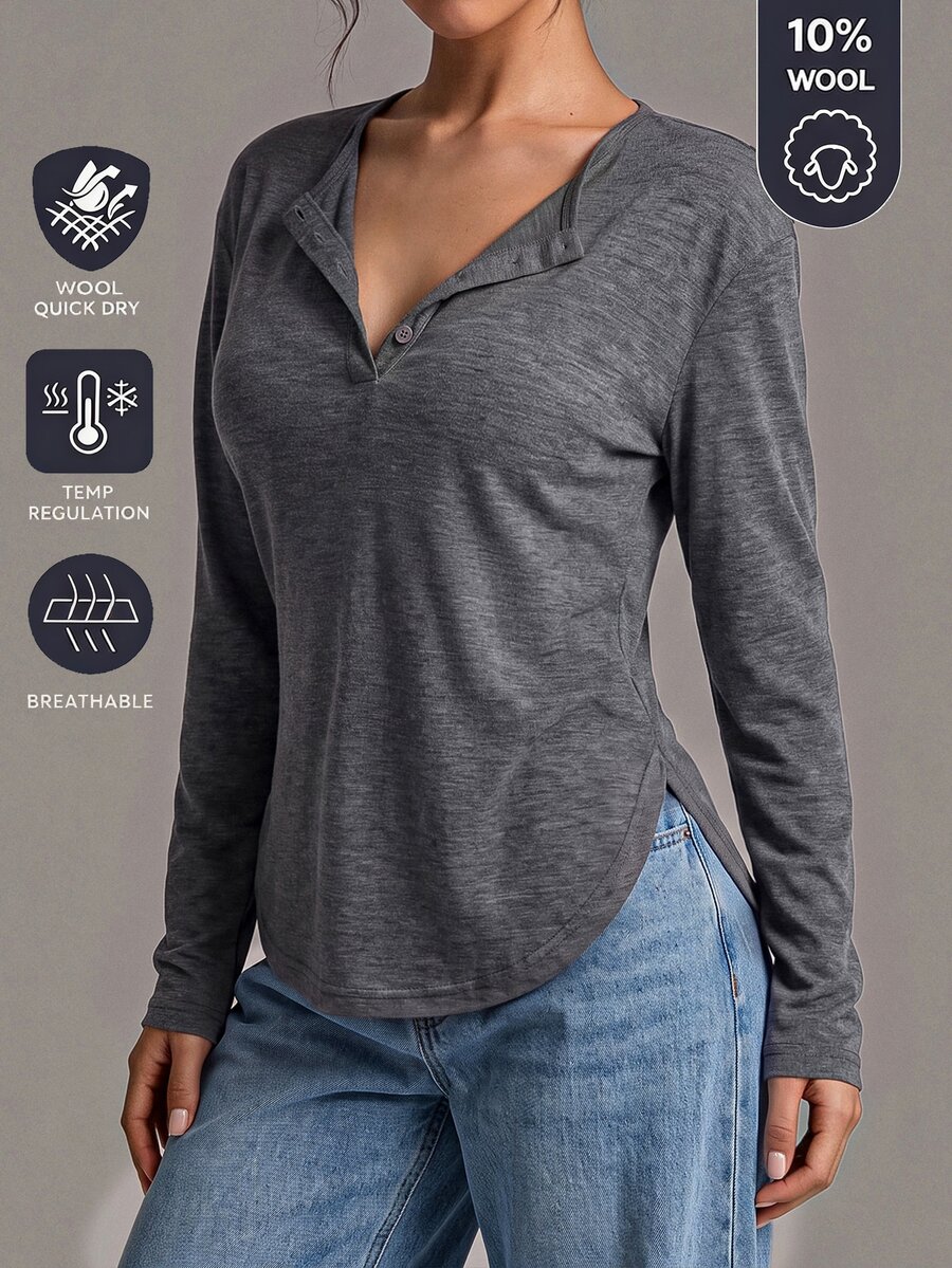 SHEIN BASICS Women's Solid Color Casual Versatile Daily Long Sleeve T-Shirt - Grey - View 1