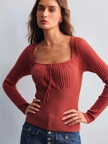 Willow Rêve كنزة صوفية نسائية ضيقة بياقة مربعة وأكمام طويلة باللون الأحمر البني مناسبة للارتداء اليومي - بني - مشاهدة 3