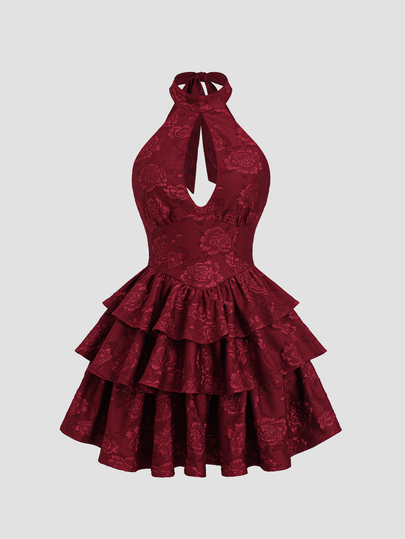 Sweetra Women's Autumn/Winter Elegant Casual Versatile Fashion Street Party Gathering Textured Jacquard Fabric Tie Bow Multi-Layer Ruffle Patchwork Burgundy Short Dress