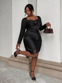 Firerie Plus Size Women Solid Color Contrast Lace Long Sleeve Elegant Dress - Black - View 4