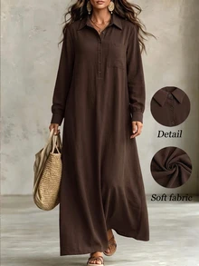 EMERY ROSE Plus Size Women's Autumn Fashion Casual Loose Everyday All-Match Versatile Small V-Neck Brown Batwing Sleeve Dress - Brown - View 7