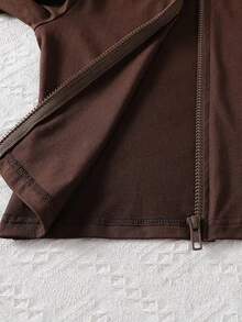 SHEIN 女童 3 件組蝴蝶結印花羅紋針織套裝，拉鍊夾克、細肩帶背心、喇叭褲，休閒日常穿搭 - 咖啡棕 - 查看 8
