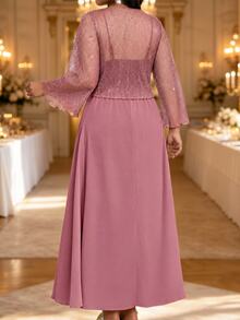 Fleurora Women's Plus Size Minimalist Elegant Party Dress Long Spaghetti Strap Dress And Sequin Sheer Bell Sleeve Cover-Up Two Pieces Set Fall - Dusty Pink - View 2