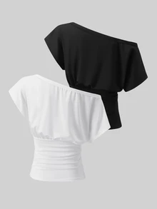 Sweetra 春秋新款女款短袖不對稱肩 T-shirt，收腰修身剪裁，白色與黑色，2件組上衣 - 彩色 - 查看 2