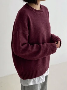 DAZY Solid Color Pullover Sweater, Minimalist Casual Daily Wear, Campus Commute Style - Red Violet - View 3