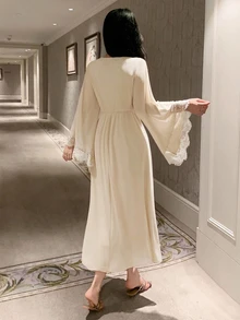 DAZY Women's Lace Patchwork V-Neck 3/4 Sleeve Waist-Cinching Long Dress Nightgown - Apricot - View 2
