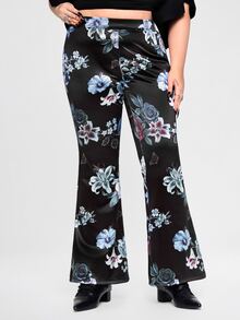 ROMWE Gothic Style Black Background Bright Floral Pattern Flared Leg Plus Size Women's Pants - Black - View 1